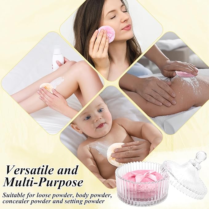 5 Pcs Large Body Powder Puff and Container Set, Anglecai 4 Inch Crystal Powder Puff Container for Body Powder Puff Dish with 2P Powder Puffs and 2P Spoon (Mongolian Yurt)