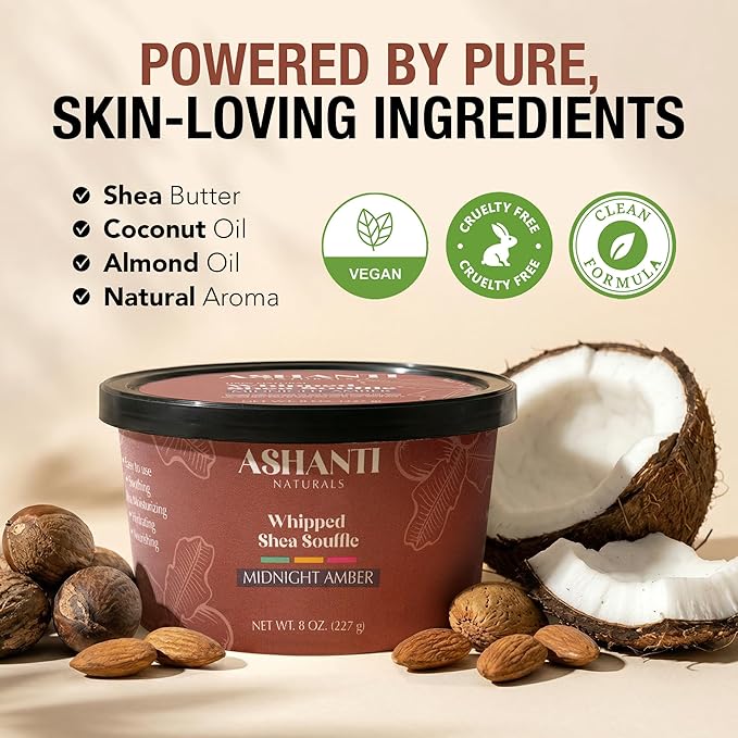 Ashanti Naturals Scented Whipped Shea Butter | African Body Butter for Men w/Coconut and Almond Oil (Midnight Amber Souffle, 8 oz)