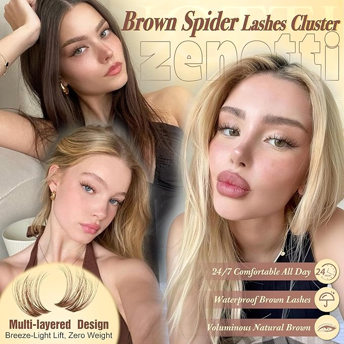 Spider Breeze Lash Clusters Brown Eyelash Clusters D Curly Wispy Cluster Eyelash Extensions Natural Brown Spider Lashes Cluster with Invisible Band Fluffy Individual Lashes 8-16mm by zenotti