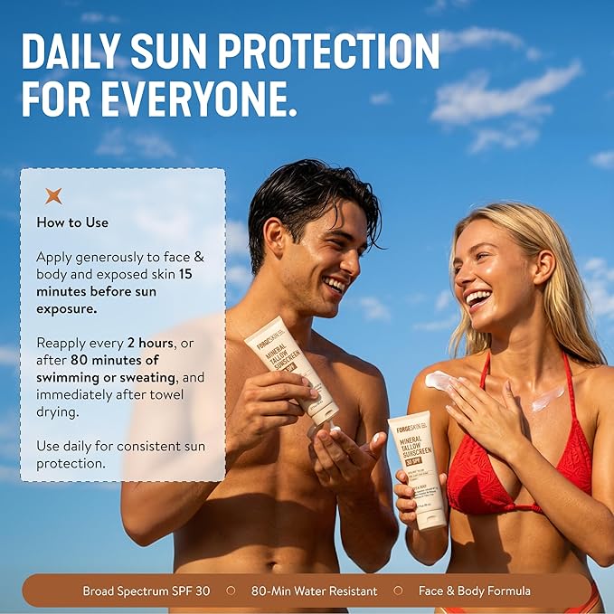 FORGE SKIN® Mineral Tallow Sunscreen SPF 30 [Tallow Based] Non Nano Zinc Oxide, Organic Non Toxic Sunscreen, No White Cast, Water Resistant Face & Body Sunblock | 2.7 oz