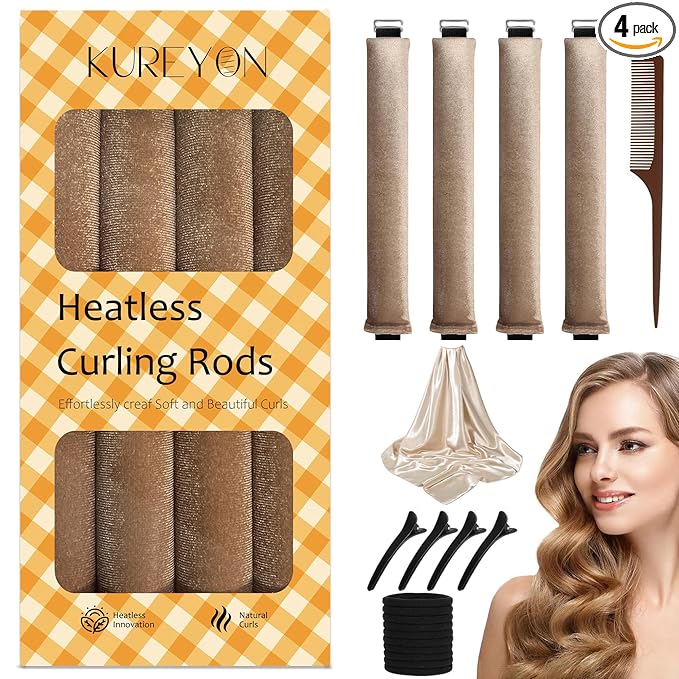 Overnight Heatless Hair Curler- 4 Piece Set- Jumbo Heatless Curls- Satin Flexi Rods to Sleep in- No Heat Curler Overnight Sleeping Curls Styling Tools- Gentle Rollers for All Hair Types-Khaki