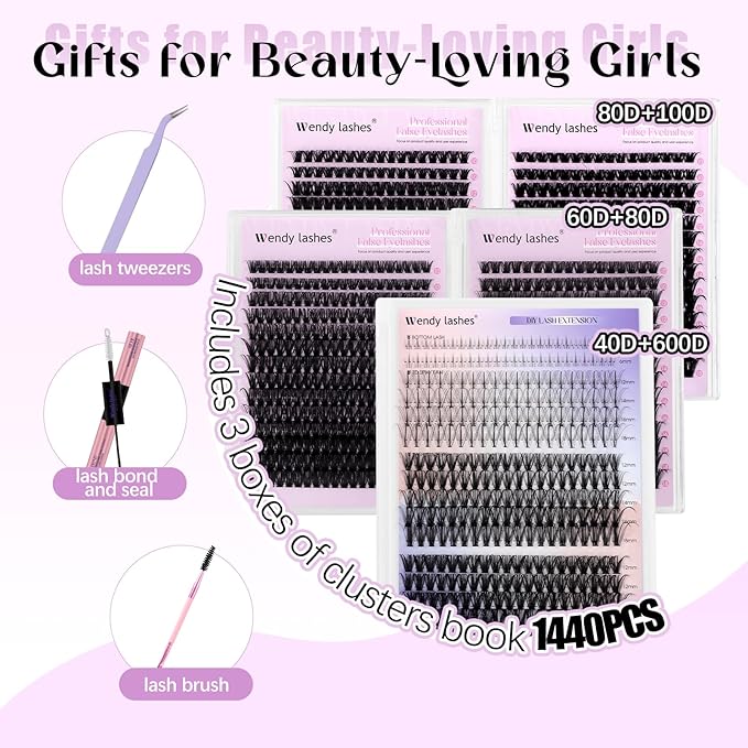 WENDY LASHES Clusters Kit With Bottom Lashes 40D+50D+60D+80D+80D+100D 1440Pcs Wispy Eyelash Clusters 10-18mm Natural DIY Lash Extension Kit D Curl for Beginners