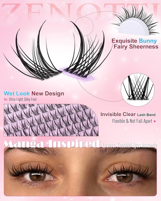 Manga Lash Clusters Wispy Eyelash Clusters Natural Anime Cluster Eyelash Extensions Bunny Fairy Spiky Individual Lashes Cluster Invisible Band Wet Look DIY Lash Extension CC-Curly 10-16mm by zenotti