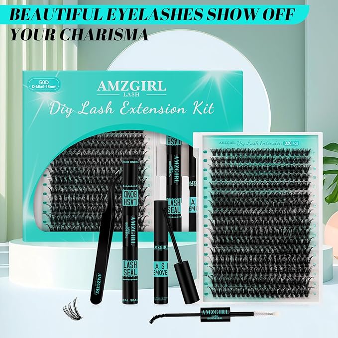Lash Clusters Kit,DIY Individual Lashes Extension Kit,Lash Bond And Seal,Lash Remover For Eyelashes Extensions,Lash Applicator Tool For False Eyelash Cluster Kit（320PCS, 50D, 9-16mm）
