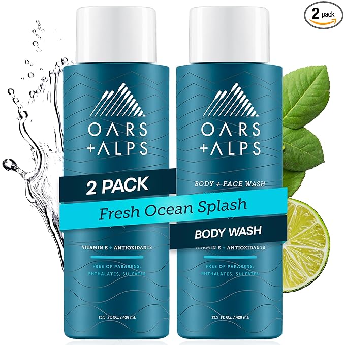 Oars + Alps Body Wash for Men, Mens Body Wash & Face Cleanser with Vitamin E & Antioxidants, Moisturizing, Paraben & Sulfate Free Cleanser, Fresh Ocean Splash, 2pk