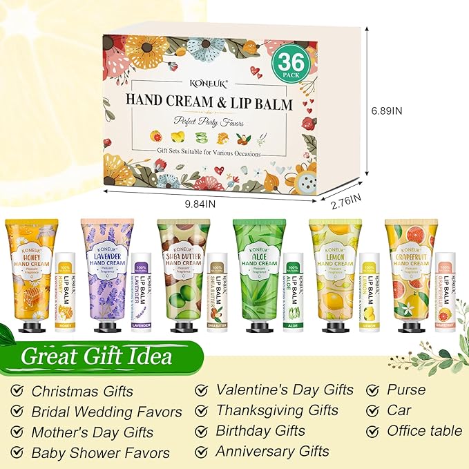 KONEUK 36 Pack Hand Cream Bulk and Lip Balm Bulk Sets, Mothers Day Gifts, Thank You Gifts and Birthday Gifts with Thank You Card Organza Bags, Teacher Appreciation Gifts and Nurses Week Gifts