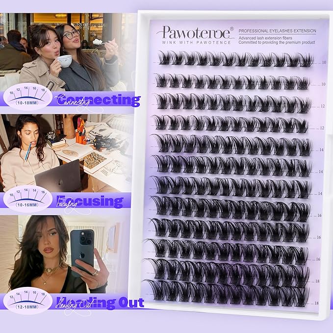 Pawotence Kira Lash Clusters Kit 10-18mm Cluster Lashes Extension Kit 144pcs Fairy Eyelash Clusters Wispy Lashes Cluster Eyelash Extensions with Waterproof Lash Bond and Seal, Remover, Applicator