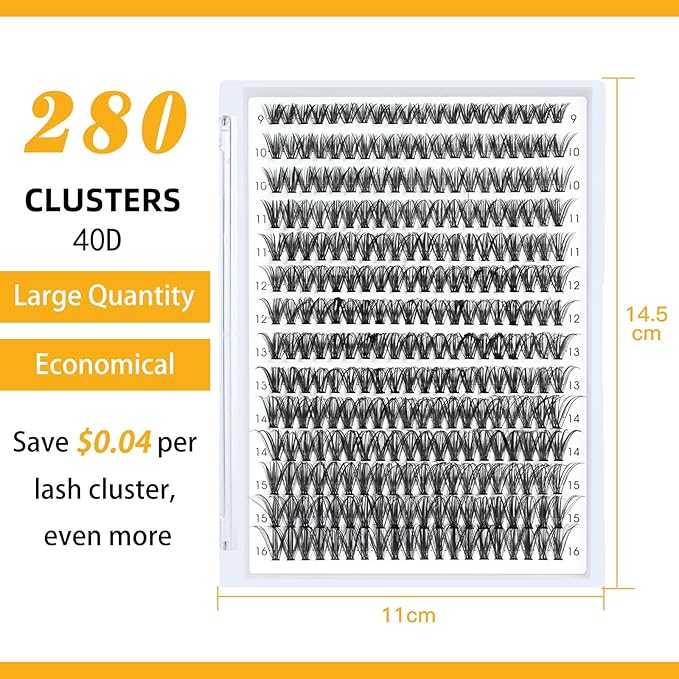 B&Q Lash Clusters 280PCS Natural Eyelash Clusters 40D C 9-16MIX Individual Lash Wispy Eyelash Extension with Soft Thin Band Classic Look Pestañas Postizas Comfortable DIY at Home(40D-C-9-16mm)