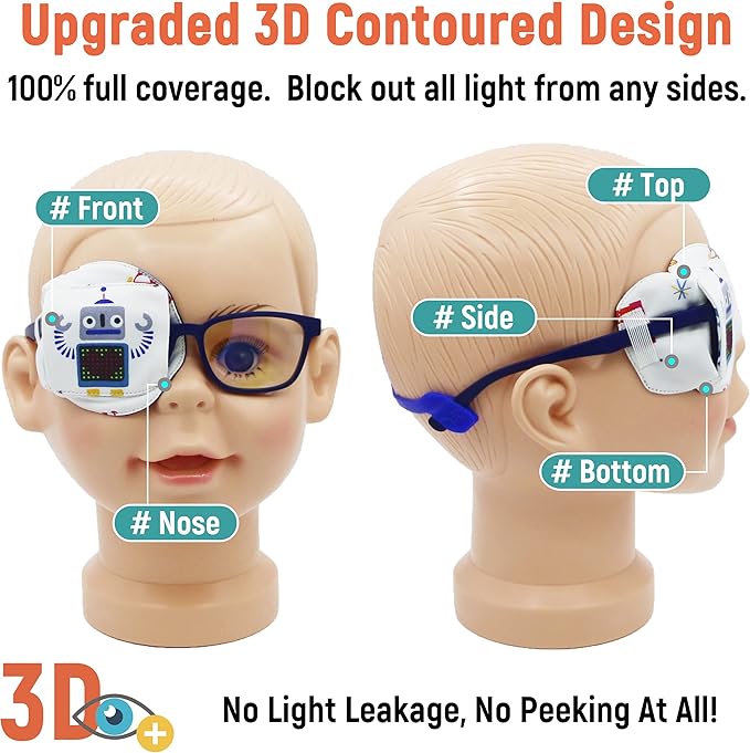 Astropic 3D Cotton & Silk Eye Patch for Kids | Boys Eye Patch for Glasses | Medical Eyepatch for Children with Lazy Eye (Gray Robot, Right Eye)