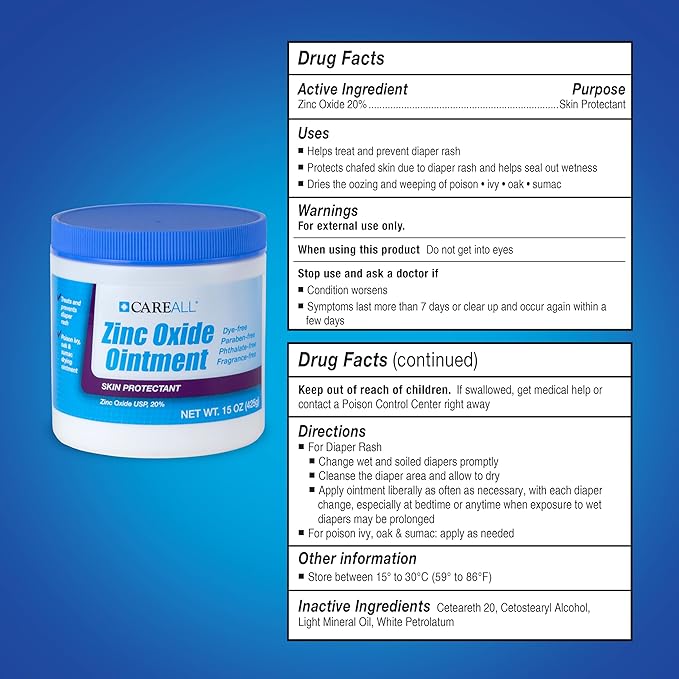 CareAll Zinc Oxide 20% Skin Protectant Barrier Ointment 15 oz., Provides Relief, Prevention and Treatment for Chafing due to Diaper Rash. Helps Seal Out Wetness. Non-Nano.