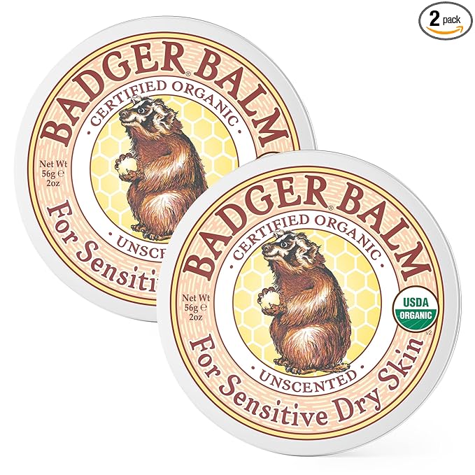 Badger Balm Unscented, 100% Organic Olive Oil & Beeswax, Fragrance Free Hand Cream, Long Lasting Sensitive Skin Moisturizer, 2 oz Tin, 2-Pack