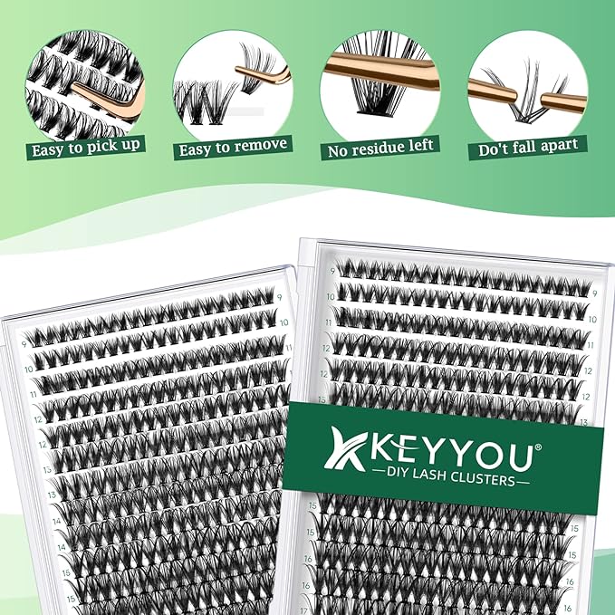 KEYYOU Lash Clusters 300pcs Individual Lashes, 40D 0.07C Curl 9-18MIX DIY Eyelash Extension, Soft & Natural Volume Cluster Lashes with Large Tray