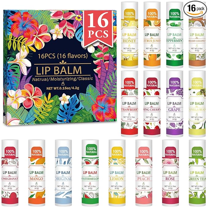 VISRIE 16 Pack Lip Balm, Natural Lip Balm Bulk with Vitamin E and Coconut Oil, Bulk Moisturizing Lip Balms for Dry Lips-16 Flavors