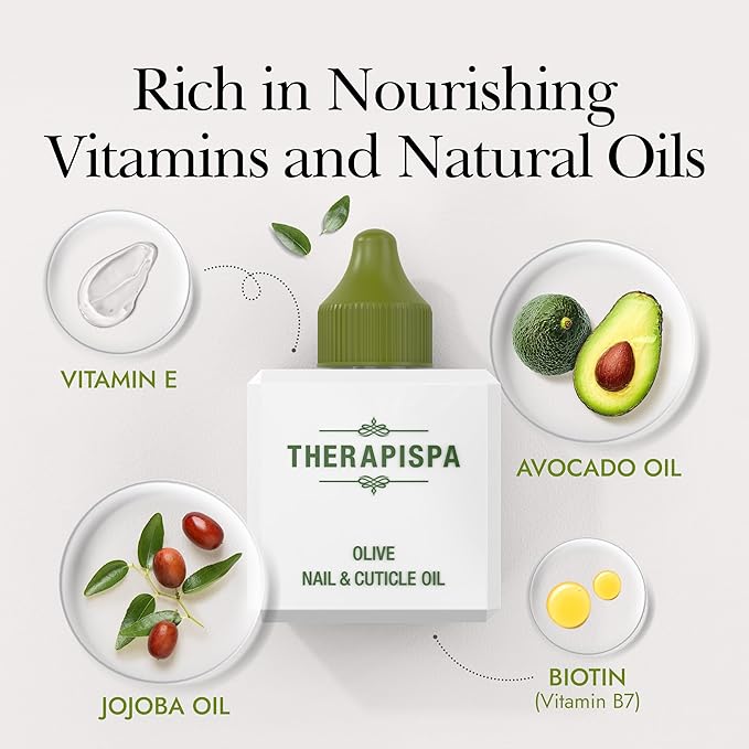 THERAPISPA Nail & Cuticle Oil with Avocado, Jojoba, Biotin & Vitamin E – Nail Growth & Repair Oil for Damaged Cuticles & Brittle Nails (Olive, 2.0 fl oz)