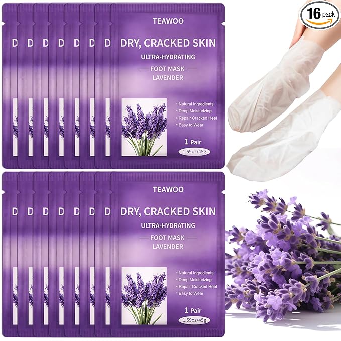TEAWOO 16 Pairs Moisturizing Foot Masks with Lavender Oil & Jojoba Oil, Intensely Hydrating Foot Mask for Dry Cracked Feet, Moisturizing Socks for Cracked Heel Treatment