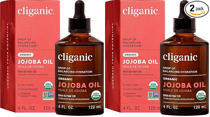 Cliganic Organic Jojoba Oil, 100% Pure (4oz) | Moisturizing for Face, Hair, Skin & Nails | Natural Cold Pressed Hexane Free | Base Carrier Oil (Pack of 2)