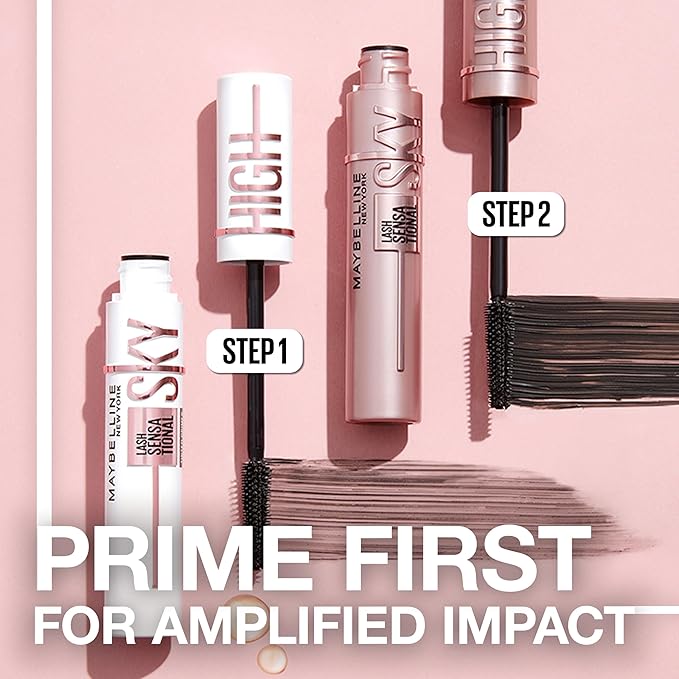 Maybelline Lash Sensational Sky High Washable Mascara + Boosting Lash Primer Makeup Bundle, Includes 1 Mascara in Blackest Black and 1 Eyelash Primer in Soft Black