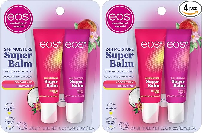 eos 24H Moisture Super Balm - Coconut Milk & Honey Apple,Day or Night Lip Treatment,Made for Sensitive Skin,Lip Balms & Moisturizers,0.35 fl oz,(Pack of 4)