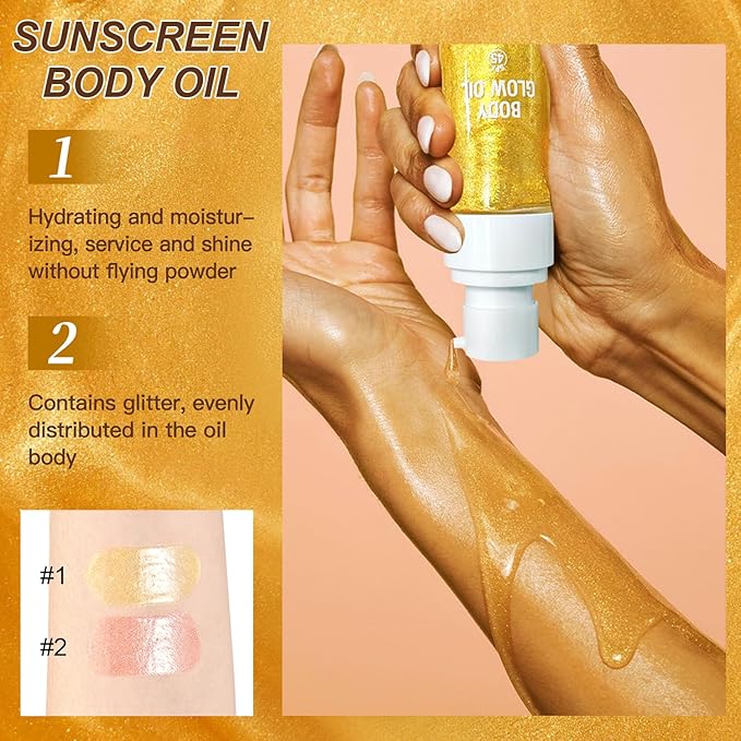 Rose Gold Body Glow Oil with SPF 30 Broad Spectrum, Lightweight Sunscreen Long Lasting Shimmer Body Lotion for All Skin Types, Moisturizer Mineral Oil, Absorbs Quickly, 2 oz