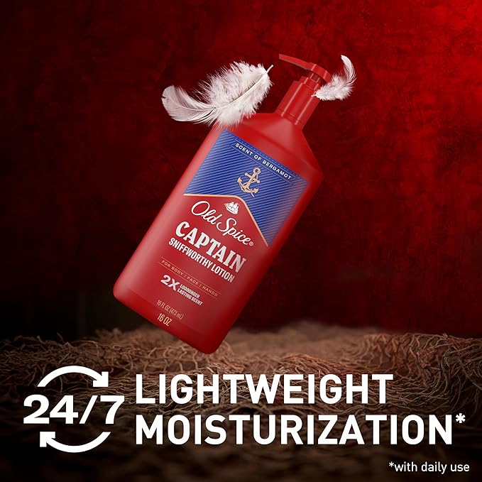 Old Spice Hand, Face & Body Lotion for Men, 24/7 Lightweight Moisturization with Amazing Scent, Instant Absorption, For All Skin Types, Captain with Bergamot Scent, 16 oz