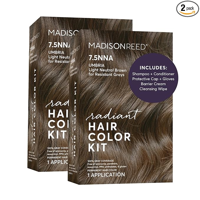 Madison Reed Radiant Hair Color Kit - 7.5NNA Light Neutral Brown (Umbria Brown), 100% Gray Hair Coverage Permanent Hair Dye for Resistant Grays | PPD-Free & Ammonia-Free, 2 Pack