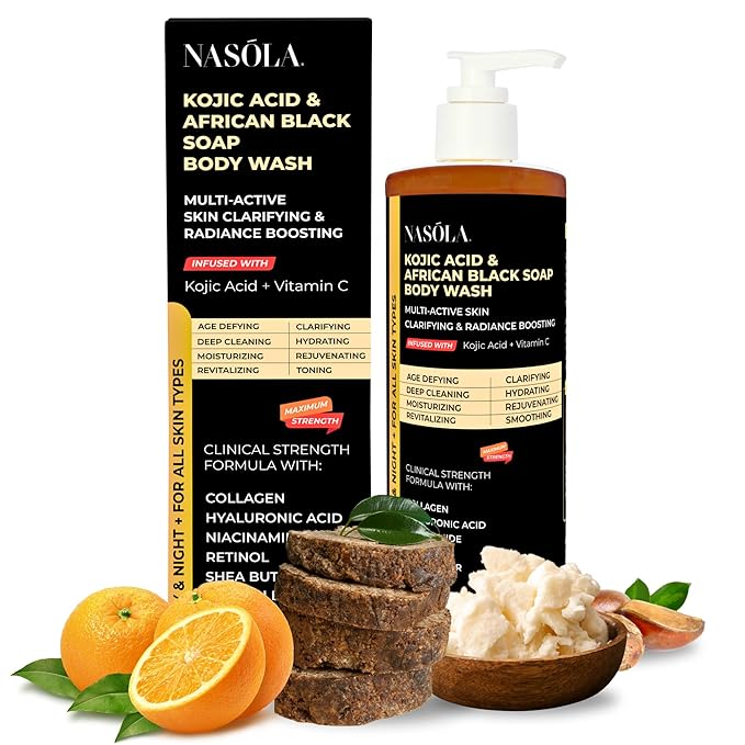 Nasola African Black Soap Body Wash with Kojic Acid, Vitamin C, Retinol, Niacinamide, Shea Butter, Collagen & Hyaluronic Acid – Deep Cleansing, Skin Clarifying & Hydrating Men & Women Body Wash