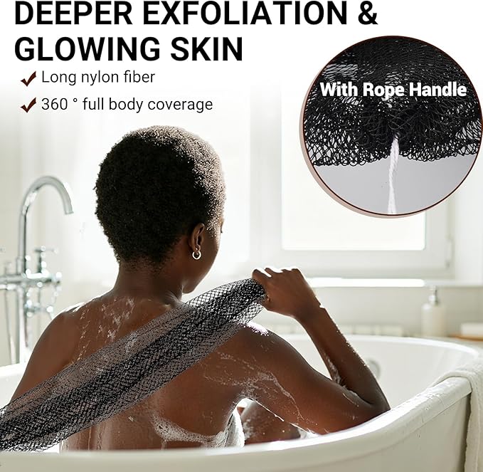 African Net Sponge Authentic for Exfoliating - Extra Knots for Deep Cleansing & Back Scrubbing - Body Scrubber Washcloth for Women & Men - Daily Shower Exfoliator for Smooth, Glowing Skin(Black)