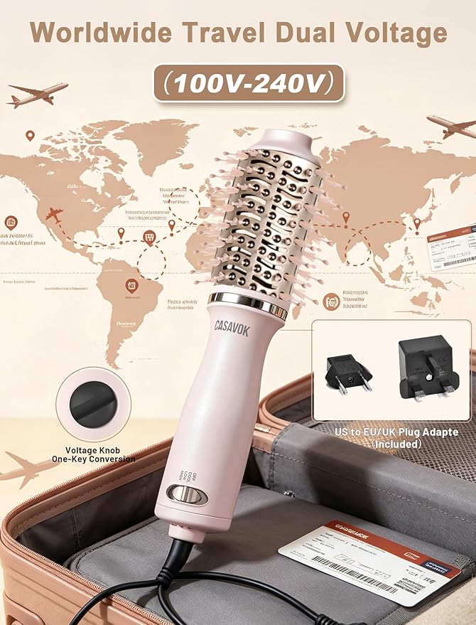 Dual Voltage Hair Dryer Brush for Travel, 4 in 1 Mini Hot Air Brush Blow Dryer Brush for Short Hair, 2 Inch Oval Curling Straightener Volumizer, 120-240V Dual Voltage with EU/UK Adapters, Pink