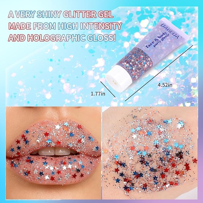 DAGEDA Red White Blue Body Face Glitter, 4th of July Outfits Accessories for Women, Patriotism Face Glitter Makeup, Fourth of July Patriotic Independence Day Hair Accessories Party Costumes（Star）