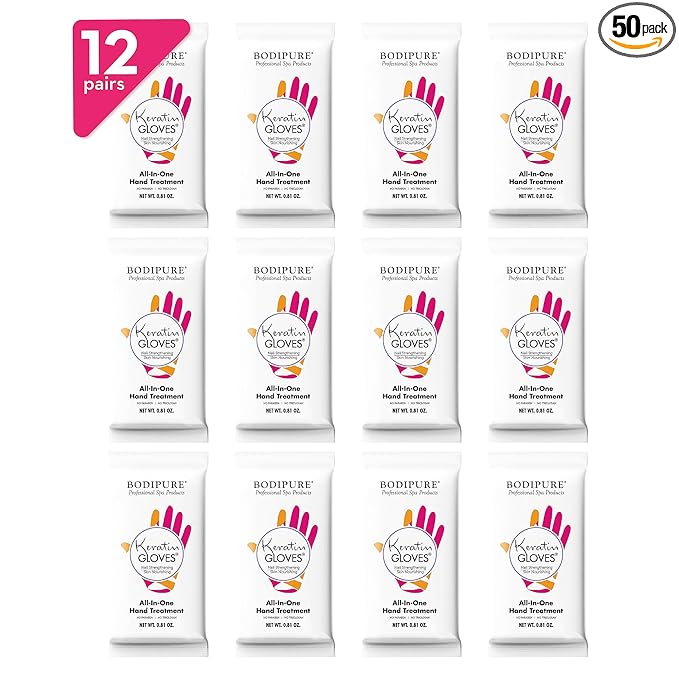 Bodipure Keratin Hand Mask Gloves for Dry Cracked Hands – Deep Moisturizing Cuticle Repair Treatment – Professional Spa Hydrating Gloves for Soft Hands & Nails – 12 Pair Pack