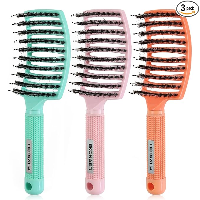 EKONAER 3 Pack Vented Quick Drying Massage Blow Detangler Brush,Boar Bristle Hair Brush Set-Curved,Detangling Hair Brush for Women Long,Thick, Thin, Curly(Green)