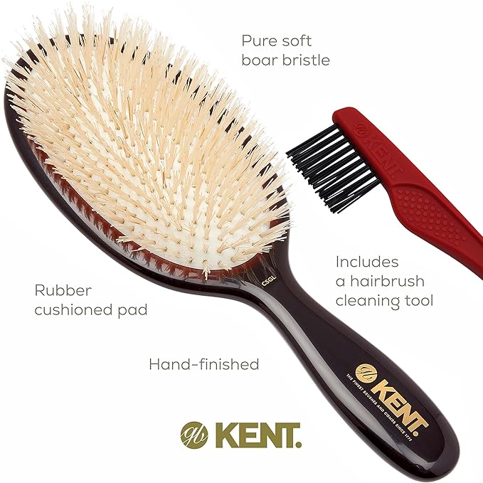 Kent CSGL 9" Large Oval Cushion Straightening Brush and Scalp Brush – Natural White Boar Bristles Hair Brush for Fine or Thinning Hair – Large Cushion Shine & Smoothing (+ Hair Brush Cleaner)