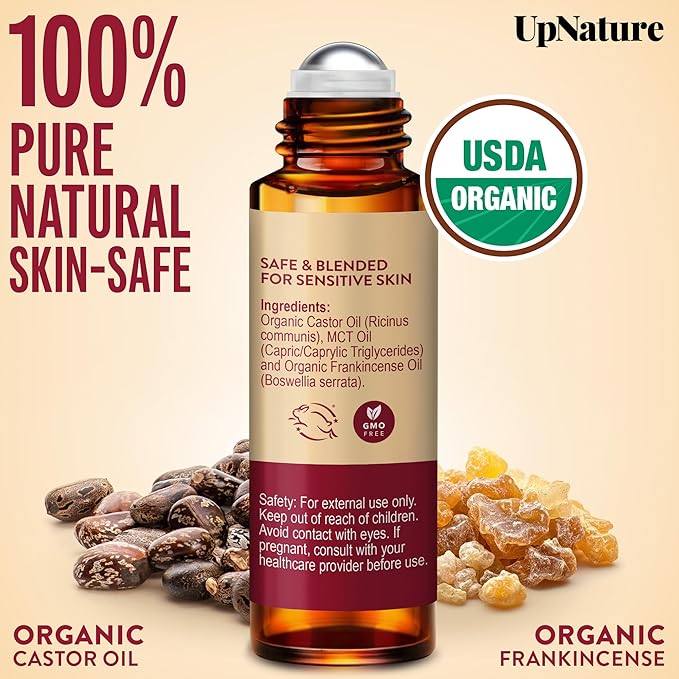 UpNature Beauty Castor Oil Roll On Eye Roller - 100% Organic Frankincense and Castor Oil for Face, Dark Circles, Fine Lines, Under Eyes and Skin