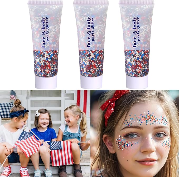 Red White and Blue Face Body Glitter, 4th of July Outfits for Women Girls USA Flag Pride Hair Body Face Glitter Gel Sequins, Fourth of July Accessories for Independence Day Celebrations (3pc USA)