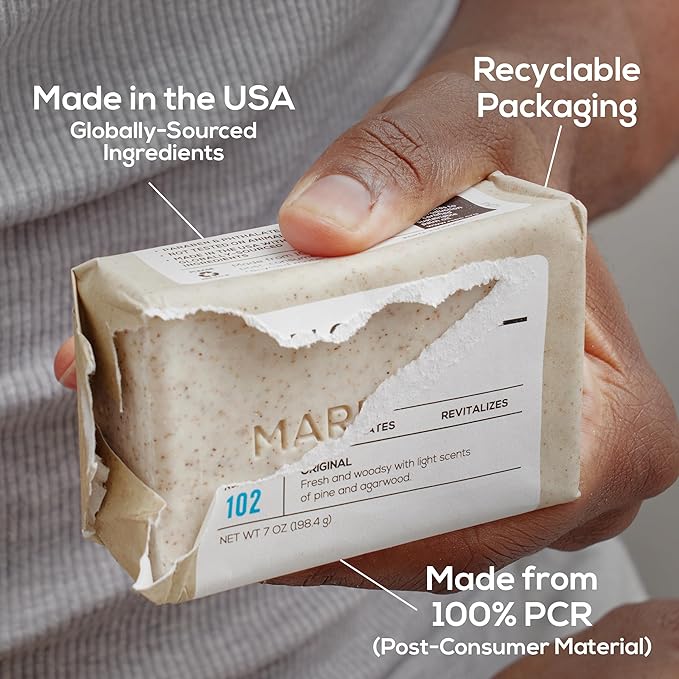 MARLOWE. No. 102 Body Scrub Soap 7 oz (6 Bars), Cedarwood & Sea Salt, Exfoliating Soap Bar with Shea Butter, Olive Oil & Green Tea Extracts, Cleanses, Smooths & Revitalizes Skin, Fresh & Zesty Scent