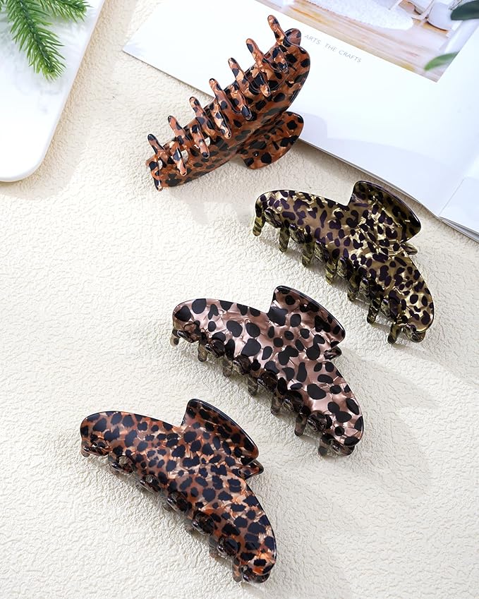 Mesovor 4 Pack Acrylic Hair Clips Claws, Nonslip 3.94" Large Hair Grip Hairclips for Thin and Thick | French Banana Barrettes Hair Strong Hold Hair Jaw Clamps (Small Leopard)