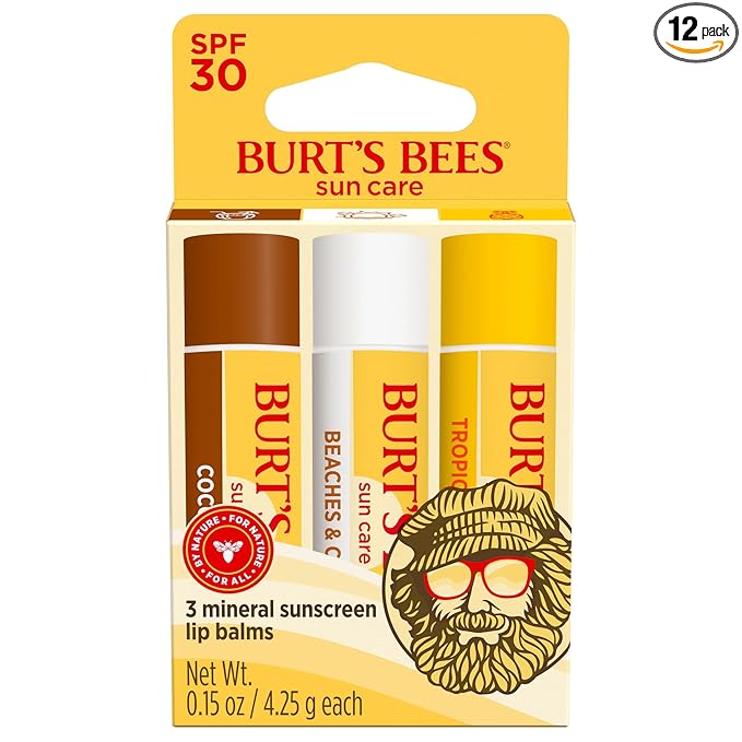 Burt’s Bees SPF 30 Lip Balm, Island Getaway - Coco Loco, Beaches & Cream, Tropic Like It's Hot, Water-Resistant Sun Care, Natural Origin Lip Treatment, 3 Tubes, 0.15 oz (Pack of 12)