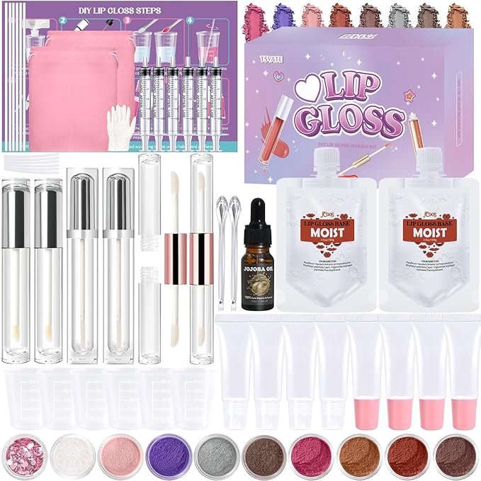 TSVATE Lip Gloss Making Kit, 58PCS DIY Lip Gloss Kit, Lipgloss Making Kit for Women, Beginner, Girls, Moisturizing Lipgloss Base Moist, Double-Ended Tubes, Jojoba Oil, Tween Girls Gift Trendy Stuff