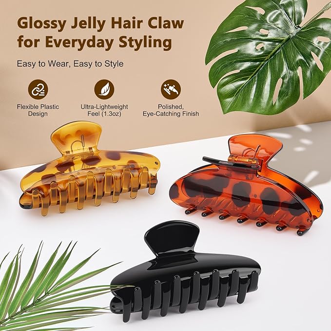 Large 4.3 Inch Glossy Jelly Claw Hair Clips for Women and Teens, Hair Claw with Strong Hold for Everyday Styling, Elegant Hair Accessory for All Hair Types, Tortoiseshell and Black, 3 Pack