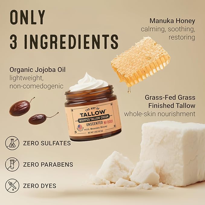 Tallow Face Moisturizer – Unscented Beef Tallow for Skin, Whipped Tallow Cream with Manuka Honey & Organic Jojoba Oil, Face Cream, Grass Fed & Finished, Made in USA, 1.5 oz