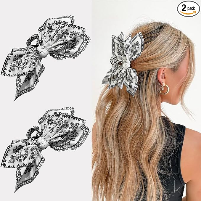 Boho Bandana Hair Claw Clips for Women, 2 Pcs Extra Large Claw Clips for Thick Hair Paisley Hair Clip Bow Knot Adorable Hair Claws Non-slip Fashion Hair Accessories Gift for Women Teen Girls