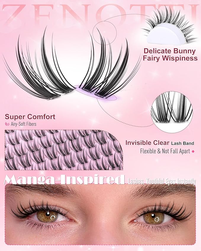 Natural Lash Clusters Manga Eyelash Clusters Wispy Cluster Eyelash Extension Bunny Anime Fairy Individual Lashes Invisible Band Cluster Lashes Freya DIY Lash Extensions C-Curly 8-16mm by zenotti