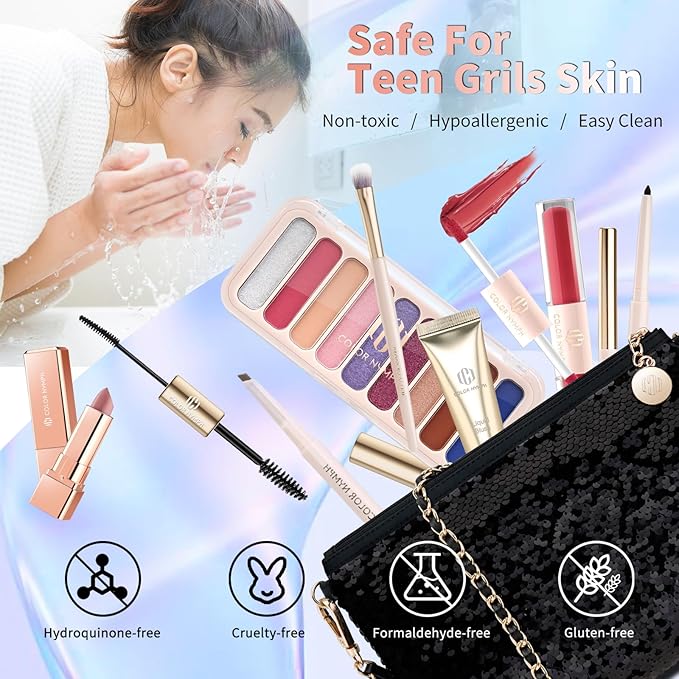 Color Nymph Makeup Kit for Women, Girls Beginner All In One Makeup Set with Sequin Bag, 9-Color Eyeshadow Palette, Lip Gloss, Eyeliner, Mascara - Orange Blue, Sparkling Party Wedding Evening Bag