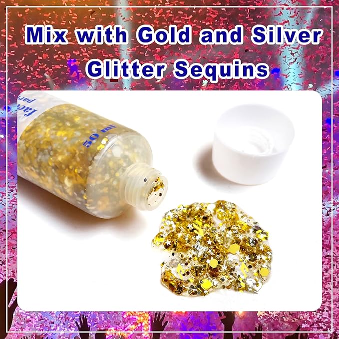 MEICOLY Face Glitter Makeup for Music Festival,Country Concert Outfits for Women, Holographic Gold Silver Purple Body Glitter,Halloween Party Accessories Self-Adhesive Glitter Face Paint,50ml