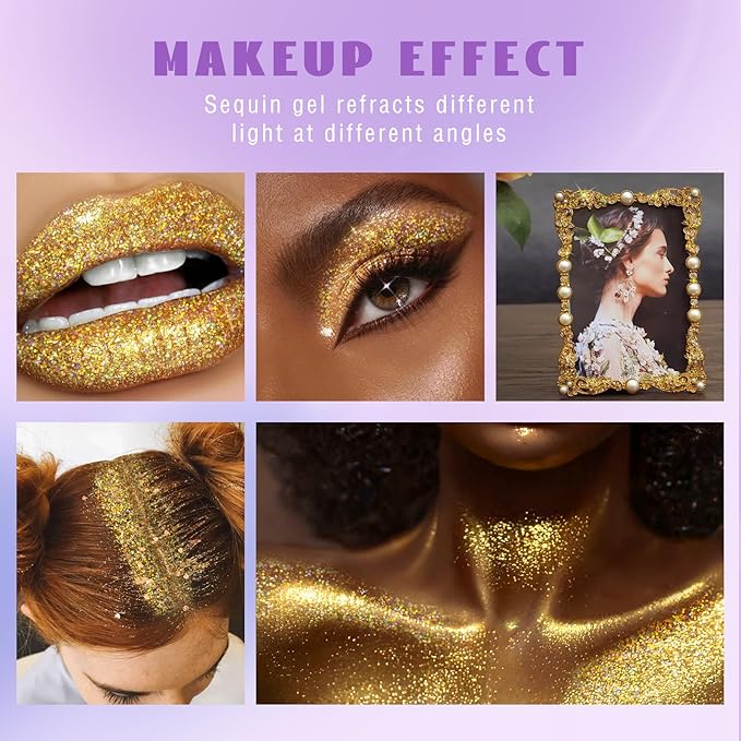 HOSAILY Roll-on Holographic Body Glitter Gel for Face Hair, Chameleon Color Changing Glitter Gel Under Light, Chunky Mermaid Sequins Festival Party Rave Accessories Shimmer Makeup (Gold)