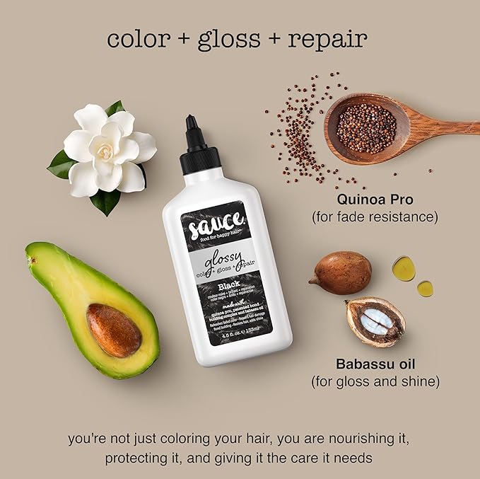 Sauce Beauty Glossy Color + Gloss + Repair, Black, Semi Permanent Hair Dye with Bond-Building and Color-Fade Protection Technology, Adds Shine & Deep Moisture, Lasts 4-8 Weeks, Stops Fade