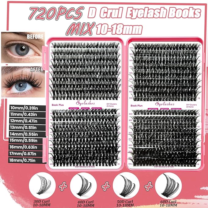 DNSGOOR DIY Lash Extension Kit 720Pcs 10-18mm D Curl Lashes Clusters with Lash Bond and Seal Glue Remover Lash Shampoo Cleansing Brush Headband Wristband Tweezers Eyelash Brush Applicator