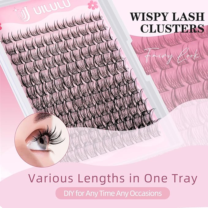 Uilulu Lash Clusters Kit 10-18mm Wispy Lash Clusters D Curl False Eyelash Clusters, DIY Lash Extension Kit with Lash Bond & Seal, Lash Glue Remover, Lash Tweezers
