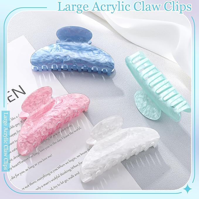 4.2 Inch Large Acrylic Claw Clips, Cute Pink Blue Green White Hair Claw Strong Hold Hair Clips Barrettes for Thick Thin Hair, 4 Pack Stylish French Hair Accessories for Women Girls