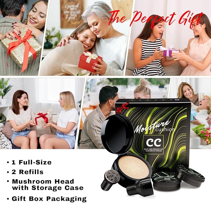 Mushroom Head Air Cushion CC Cream - BB Cream Face Makeup Foundation for Mature Skin Moisturizing Concealer Brighten Long-Lasting, Even Skin Tone for All Skin Types (3PCS Natural (Gift Set))